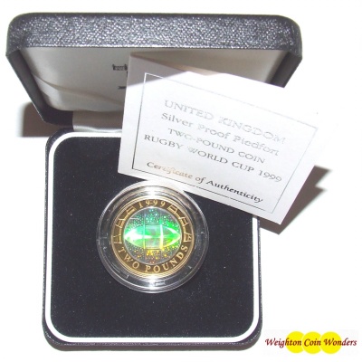 1999 Silver Proof PIEDFORT £2 (Hologram) - Rugby World Cup